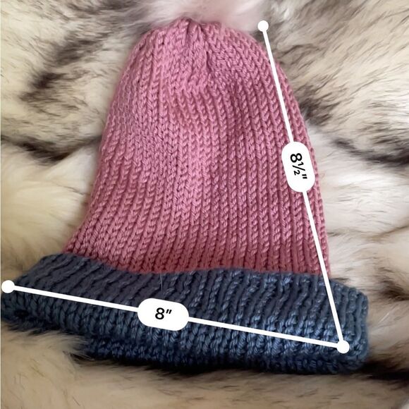 Dusty Rose and Light Country Blue Beanie w/ Cream Pom Pom - Hand Knit By Douglas - Picture 4 of 4